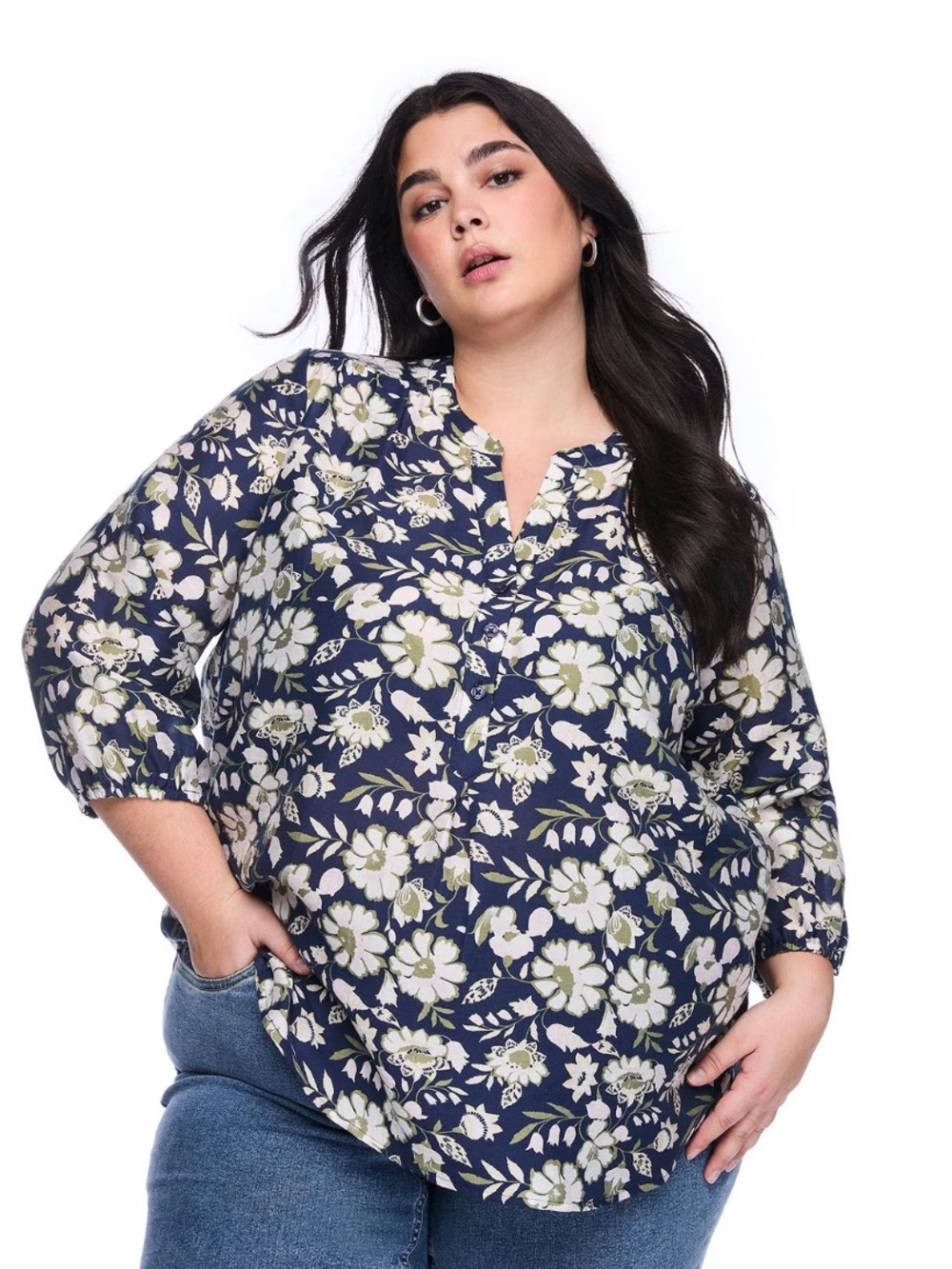 Lane Bryant Navy Floral Button-Front Tunic Blouse